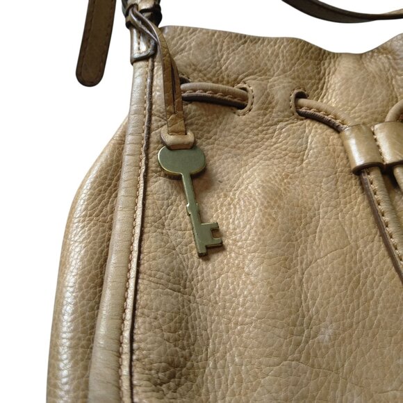 FOSSIL Claire Tech Tan Distressed Leather Drawstring With Tassels Crossbody Bag - Picture 8 of 10